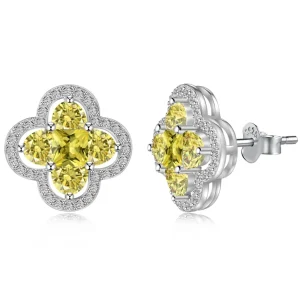 BRELLATO Gelbe Kleeblatt Lucky Ohrstecker, Glücksklee Damen Ohrschmuck 925 18K Rhodiniert, Glücksbringer Talisman Ohrringe Zirkonia Gelb